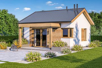 Projekt domu D315D - wersja drewniana - parterowy dom o powierzchni 26,67 m², dach dwuspadowy - ujęcie frontu