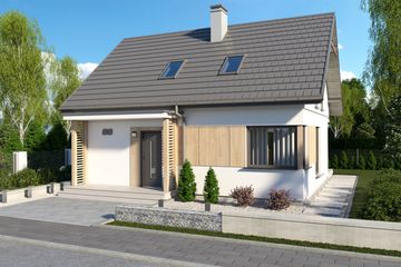 Projekt domu Sevilla 4 - na zgłoszenie do 70m2 pompa ciepła, wentylacja mechaniczna z rekup. - parterowy z poddaszem dom o powierzchni 81,70 m², dach dwuspadowy - ujęcie frontu