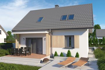 Projekt domu Sevilla 4 - na zgłoszenie do 70m2 pompa ciepła, wentylacja mechaniczna z rekup. - parterowy z poddaszem dom o powierzchni 81,70 m², dach dwuspadowy - ujęcie 2