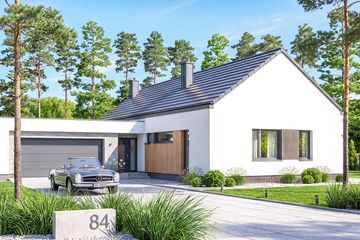 Projekt domu Gustav 3 - parterowy dom o powierzchni 114,75 m², dach dwuspadowy, koszt budowy 424 000 zł - ujęcie frontu