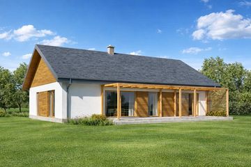 Projekt domu TK85a - parterowy dom o powierzchni 125,94 m², dach dwuspadowy, koszt budowy 355 000 zł - ujęcie frontu