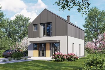 Projekt domu D425 - parterowy z poddaszem dom o powierzchni 96,50 m², dach dwuspadowy, koszt budowy 231 000 zł - ujęcie frontu