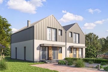 Projekt domu D425A - Zabudowa bliźniacza - parterowy z poddaszem dom o powierzchni 192,66 m², dach dwuspadowy - ujęcie frontu
