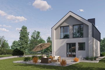 Projekt domu D427 - parterowy z poddaszem dom o powierzchni 91,59 m², dach dwuspadowy, koszt budowy 254 000 zł - ujęcie frontu
