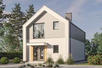 Projekt domu D427 - parterowy z poddaszem dom o powierzchni 91,59 m², dach dwuspadowy, koszt budowy 248 000 zł - ujęcie frontu