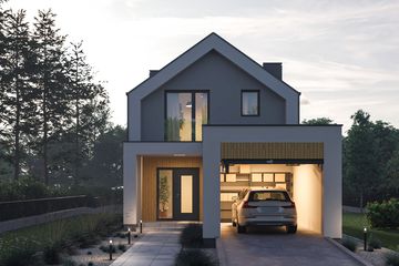 Projekt domu D427 - z garażem - parterowy z poddaszem dom o powierzchni 91,59 m², dach dwuspadowy - ujęcie frontu