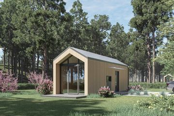 Projekt domu letniskowego DM6 - wersja drewniana - parterowy dom o powierzchni 22,88 m², dach dwuspadowy - ujęcie frontu