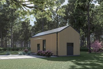 Projekt domu letniskowego DM6 - wersja drewniana - parterowy dom o powierzchni 22,88 m², dach dwuspadowy - ujęcie 3