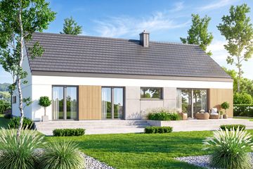 Projekt domu Mokka 18 modern plus - parterowy dom o powierzchni 120 m², dach dwuspadowy, koszt budowy 389 000 zł - ujęcie frontu