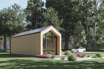 Projekt domu letniskowego DM7 - wersja drewniana - parterowy dom o powierzchni 22,87 m², dach dwuspadowy - ujęcie 3