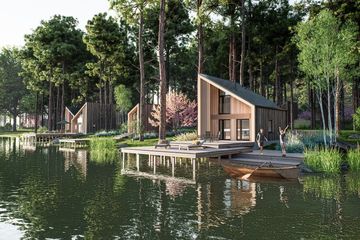 Projekt domu letniskowego D434 - wersja drewniana - parterowy dom o powierzchni 41,49 m², dach jednospadowy - ujęcie frontu