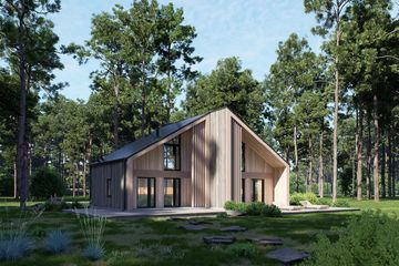Projekt domu letniskowego D434A - wersja drewniana - parterowy dom o powierzchni 82,98 m², dach dwuspadowy - ujęcie frontu