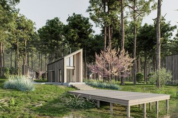 Projekt domu letniskowego D435 - wersja drewniana - parterowy dom o powierzchni 23,77 m², dach dwuspadowy - ujęcie frontu