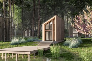 Projekt domu letniskowego D435 - wersja drewniana - parterowy dom o powierzchni 23,77 m², dach dwuspadowy - ujęcie 2