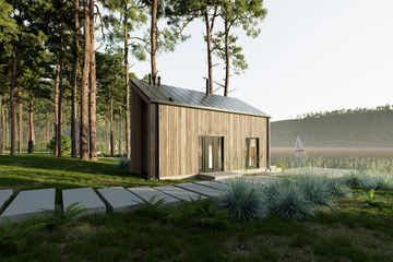 Projekt domu letniskowego D435 - wersja drewniana - parterowy dom o powierzchni 23,77 m², dach dwuspadowy - ujęcie 3