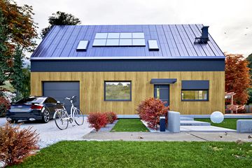 Projekt domu Hazi z garażem 1-st. [A] - parterowy z poddaszem dom o powierzchni 123,80 m², dach dwuspadowy, koszt budowy 351 000 zł - ujęcie frontu
