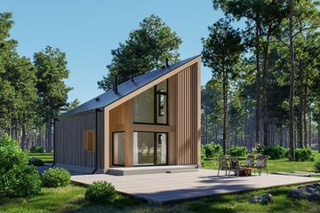 Projekt domu D433 - wersja drewniana - parterowy z poddaszem dom o powierzchni 80,55 m², dach jednospadowy - ujęcie frontu
