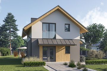 Projekt domu D436 - parterowy z poddaszem dom o powierzchni 91,59 m², dach dwuspadowy, koszt budowy 237 000 zł - ujęcie frontu