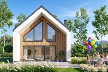 Projekt domu Lungo 4 mini modern - parterowy z poddaszem dom o powierzchni 84,64 m², dach dwuspadowy, koszt budowy 245 000 zł - ujęcie frontu