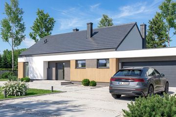 Projekt domu Malwa - parterowy dom o powierzchni 112,83 m², dach dwuspadowy, koszt budowy 348 000 zł - ujęcie frontu