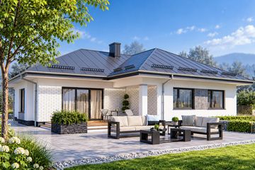 Projekt domu APS 264 wariant 2 ECO - parterowy dom o powierzchni 134,20 m², dach wielospadowy - ujęcie 2