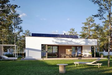 Projekt domu Mini 25 modern plus energo plus - parterowy dom o powierzchni 93,64 m², dach płaski, koszt budowy 283 000 zł - ujęcie frontu
