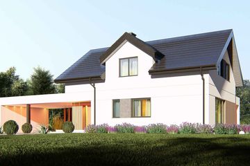 Projekt domu uA333 - parterowy z poddaszem dom o powierzchni 145,30 m², dach dwuspadowy, koszt budowy 431 000 zł - ujęcie frontu