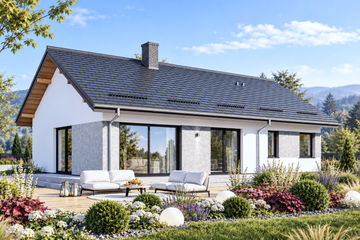 Projekt domu APS 347+G ECO - parterowy dom o powierzchni 98,20 m², dach dwuspadowy, koszt budowy 298 000 zł - ujęcie frontu