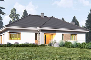 Projekt domu uA463 - parterowy dom o powierzchni 174,60 m², dach wielospadowy, koszt budowy 531 000 zł - ujęcie frontu