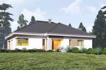 Projekt domu uA463 - parterowy dom o powierzchni 174,60 m², dach wielospadowy, koszt budowy 516 000 zł - ujęcie frontu
