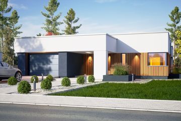 Projekt domu Klara VIII z garażem 1-st. [A] - parterowy dom o powierzchni 123,60 m², dach płaski, koszt budowy 411 000 zł - ujęcie frontu