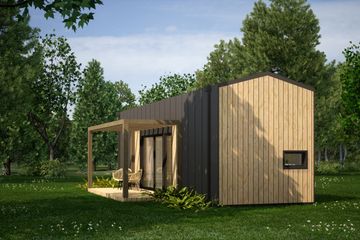 Projekt domu letniskowego DM24A - wersja drewniana - parterowy dom o powierzchni 29,31 m², dach dwuspadowy - ujęcie 2