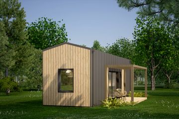 Projekt domu letniskowego DM24A - wersja drewniana - parterowy dom o powierzchni 29,31 m², dach dwuspadowy - ujęcie 3