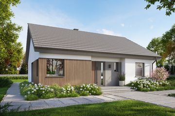 Projekt domu Eco 53 - parterowy dom o powierzchni 97,28 m², dach dwuspadowy, koszt budowy 277 000 zł - ujęcie frontu
