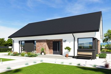 Projekt domu N47-BG - parterowy dom o powierzchni 102,44 m², dach dwuspadowy, koszt budowy 319 000 zł - ujęcie frontu