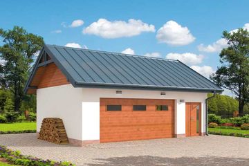 Projekt garażu G354 szkielet drewniany - parterowy dom o powierzchni 48,42 m², dach dwuspadowy - ujęcie frontu
