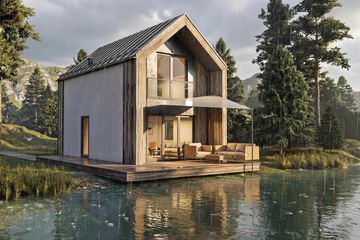 Projekt domu Jaskółka XL 4 - parterowy z poddaszem dom o powierzchni 61,90 m², dach dwuspadowy - ujęcie frontu