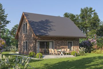 Projekt domu D440 - parterowy z poddaszem dom o powierzchni 90,90 m², dach dwuspadowy, koszt budowy 234 000 zł - ujęcie frontu