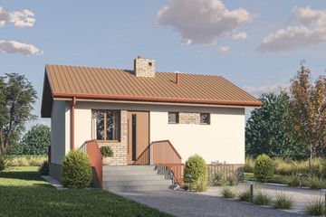 Projekt domu D442 - Bogusia - parterowy dom o powierzchni 39,80 m², dach dwuspadowy, koszt budowy 122 000 zł - ujęcie frontu