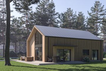 Projekt domu D445 - wersja drewniana - parterowy dom o powierzchni 133,10 m², dach dwuspadowy - ujęcie frontu