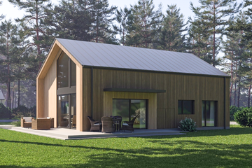 Projekt domu D445 - wersja drewniana - parterowy dom o powierzchni 133,10 m², dach dwuspadowy - ujęcie frontu