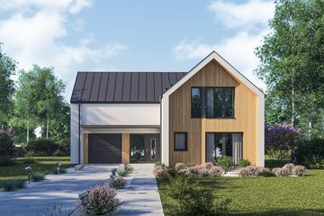 Projekt domu D444 wersja drewniana - parterowy z poddaszem dom o powierzchni 160,11 m², dach dwuspadowy - ujęcie frontu