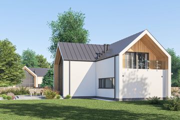 Projekt domu D444 wersja drewniana - parterowy z poddaszem dom o powierzchni 160,11 m², dach dwuspadowy - ujęcie 3