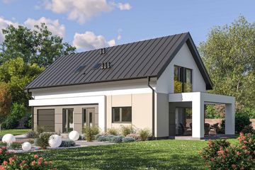 Projekt domu D448A - parterowy z poddaszem dom o powierzchni 172,49 m², dach dwuspadowy, koszt budowy 408 000 zł - ujęcie frontu