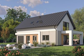Projekt domu D448B - parterowy z poddaszem dom o powierzchni 171,93 m², dach dwuspadowy, koszt budowy 468 000 zł - ujęcie frontu