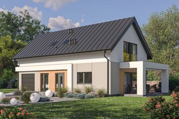 Projekt domu D448B - parterowy z poddaszem dom o powierzchni 171,93 m², dach dwuspadowy, koszt budowy 455 000 zł - ujęcie frontu