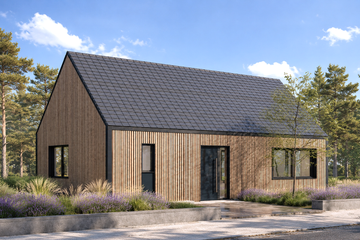 Projekt domu K-302 - parterowy dom o powierzchni 67,55 m², dach dwuspadowy - ujęcie frontu