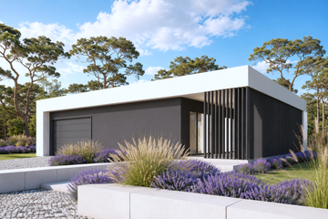 Projekt domu N-112 - parterowy dom o powierzchni 128,45 m², dach płaski, koszt budowy 390 000 zł - ujęcie frontu