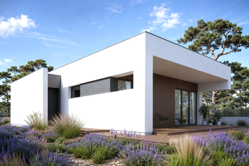 Projekt domu N-110 - parterowy dom o powierzchni 107,26 m², dach płaski, koszt budowy 307 000 zł - ujęcie frontu