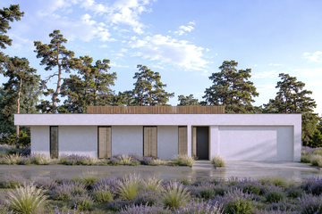 Projekt domu N-256 - parterowy dom o powierzchni 135,77 m², dach płaski, koszt budowy 377 000 zł - ujęcie frontu